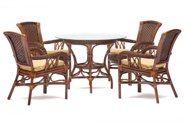 Комплект обеденный Tetchair ANDREA стол со стеклом + 4 кресла + подушки Pecan Washed античн. орех, Ткань рубчик, цвет кремовый