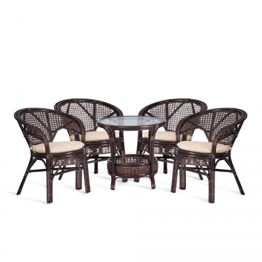 Комплект Tetchair PELANGI 02/15 стол со стеклом + 4 кресла с подушками ротанг, кресло 65х65х77см, стол диаметр 64х61см, walnut грецкий орех