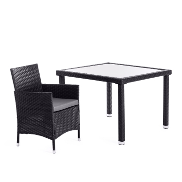 Обеденный сет стол+4стула Tetchair пластиковый ротанг, стекло, 100х100х74см/60х60х75см, черный, ткань DB-16, серый