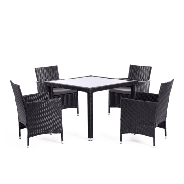 Обеденный сет стол+4стула Tetchair пластиковый ротанг, стекло, 100х100х74см/60х60х75см, черный, ткань DB-16, серый