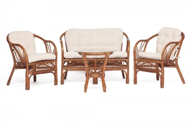 Комплект Tetchair диван + 2 кресла + стол со стеклом /с подушками/ ротанг, кр61х67х78,5см, дв108х66х78,5см, стD60х56,5см, coco brown коричневый кокос