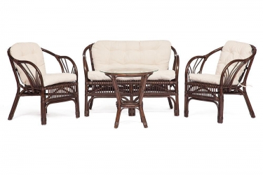 КОМПЛЕКТ Tetchair NEW BOGOTA диван + 2 кресла + стол со стеклом /с подушками/ ротанг, кр61х67х78,5см, дв108х66х78,5см, стD60х56,5см, walnut грецкий орех