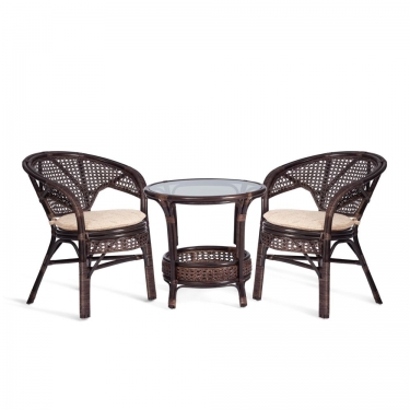 Террасовый комплект Tetchair PELANGI стол со стеклом + 2 кресла / с подушками / ротанг, кресло 65х65х77см, стол диаметр 64х61см, walnut грецкий орех