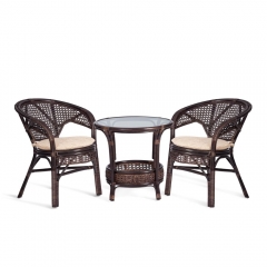 Террасовый комплект Tetchair PELANGI стол со стеклом + 2 кресла / с подушками / ротанг, кресло 65х65х77см, стол диаметр 64х61см, walnut грецкий орех