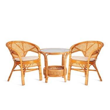 Террасовый комплект Tetchair PELANGI стол со стеклом + 2 кресла / с подушками / ротанг, кресло 65х65х77см, стол диаметр 64х61см, Honey мед
