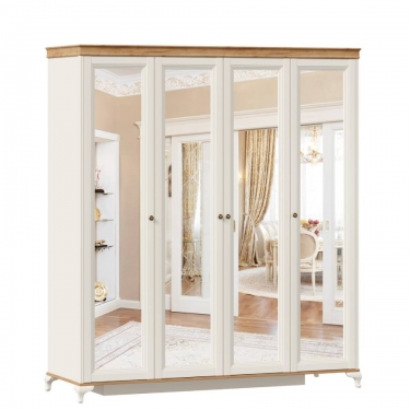 Шкаф Любимый дом четырехстворчатый с 4 зеркалами Вилладжио Алебастр/Дуб золотой