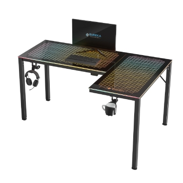 Стол для компьютера для геймеров Eureka EUREKA ERK-GD-L60R-B-EU L-формы со стеклянной столешницей и RGB-подсветкой