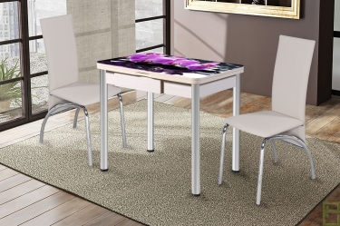 Стол АВРОРА раздвижной Шанхай-Каре 1 1100/1700740мм, Стекло МОЛОЧНОЕ-рис КОРИЧН./ЛДСП КРЕМ, опора хром 10